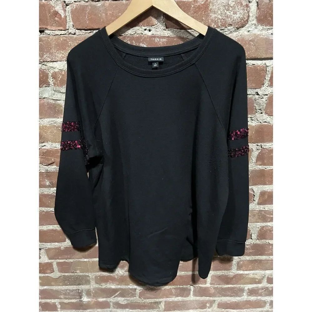 Torrid Womens Black Pink Sequin Crewneck Sweater Pullover Top Size 1